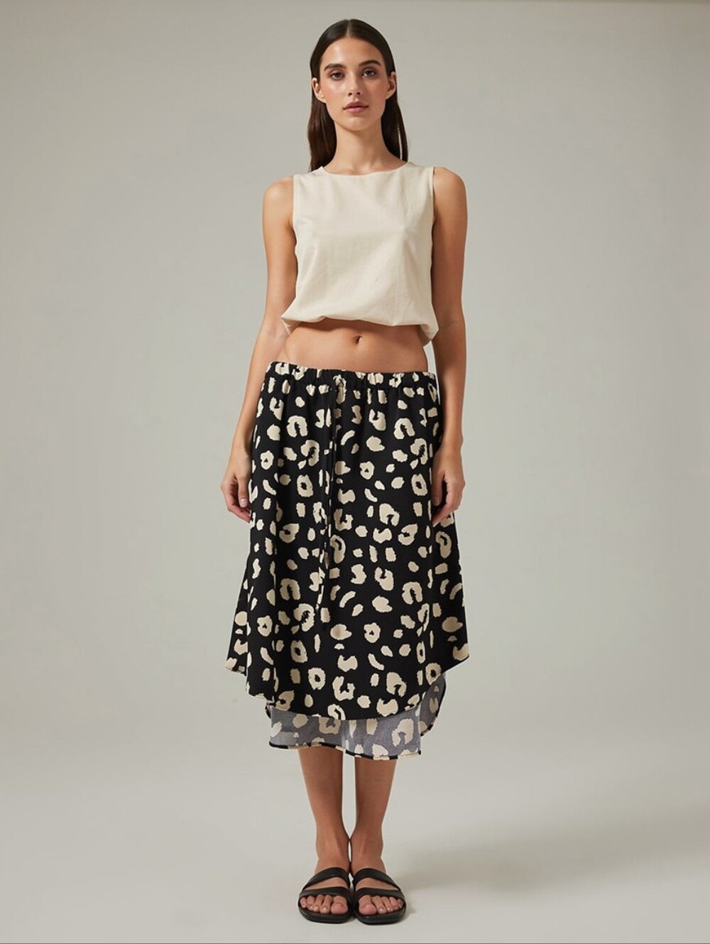 SHEIN Black Midi Skirt with Cream Leopard Print